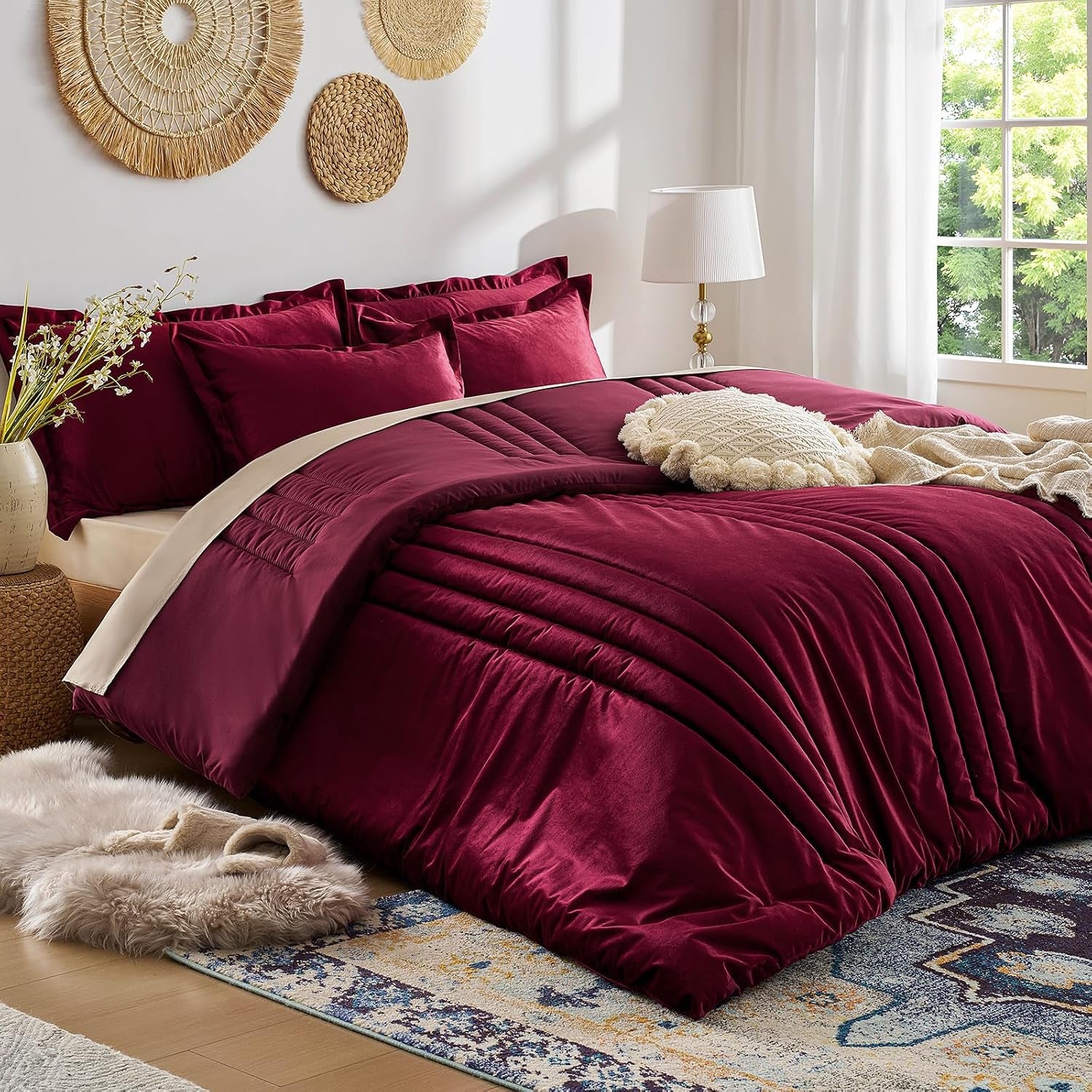 Luxury Burgundy Velvet Queen Size Bed Comforter Set 3 Pieces