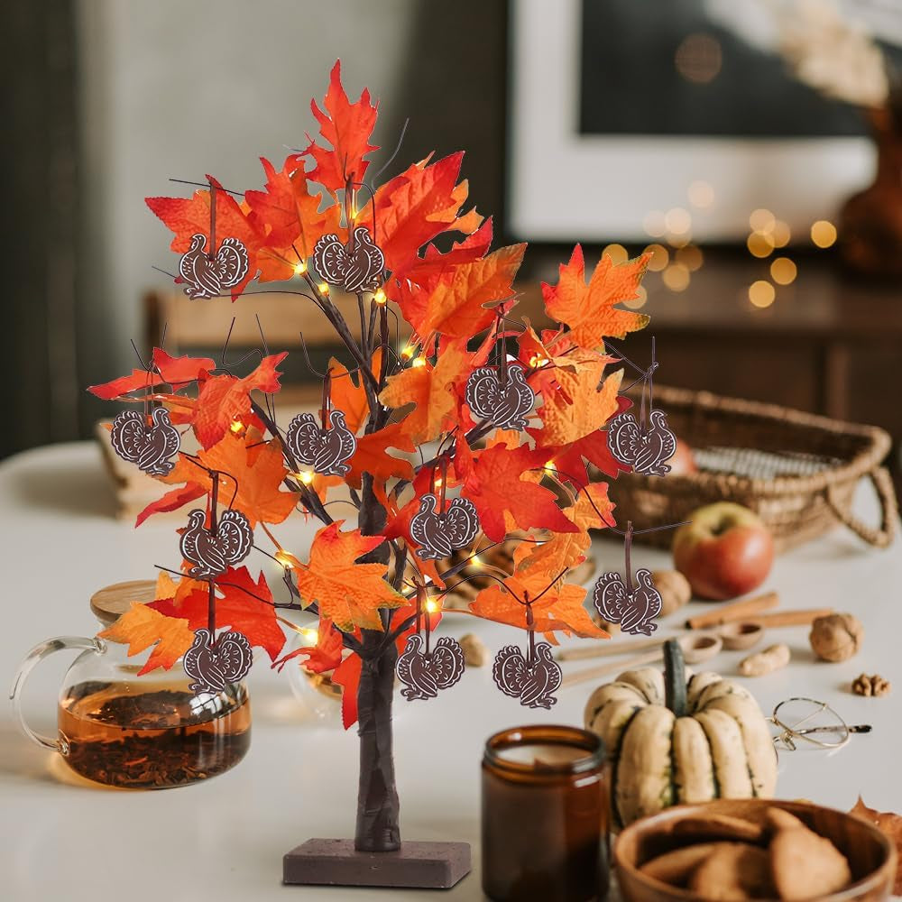 Fall Decorations for Home, 24IN 24LT Lighted Fall Maple Leaves , 2FT Brown Battery Powered