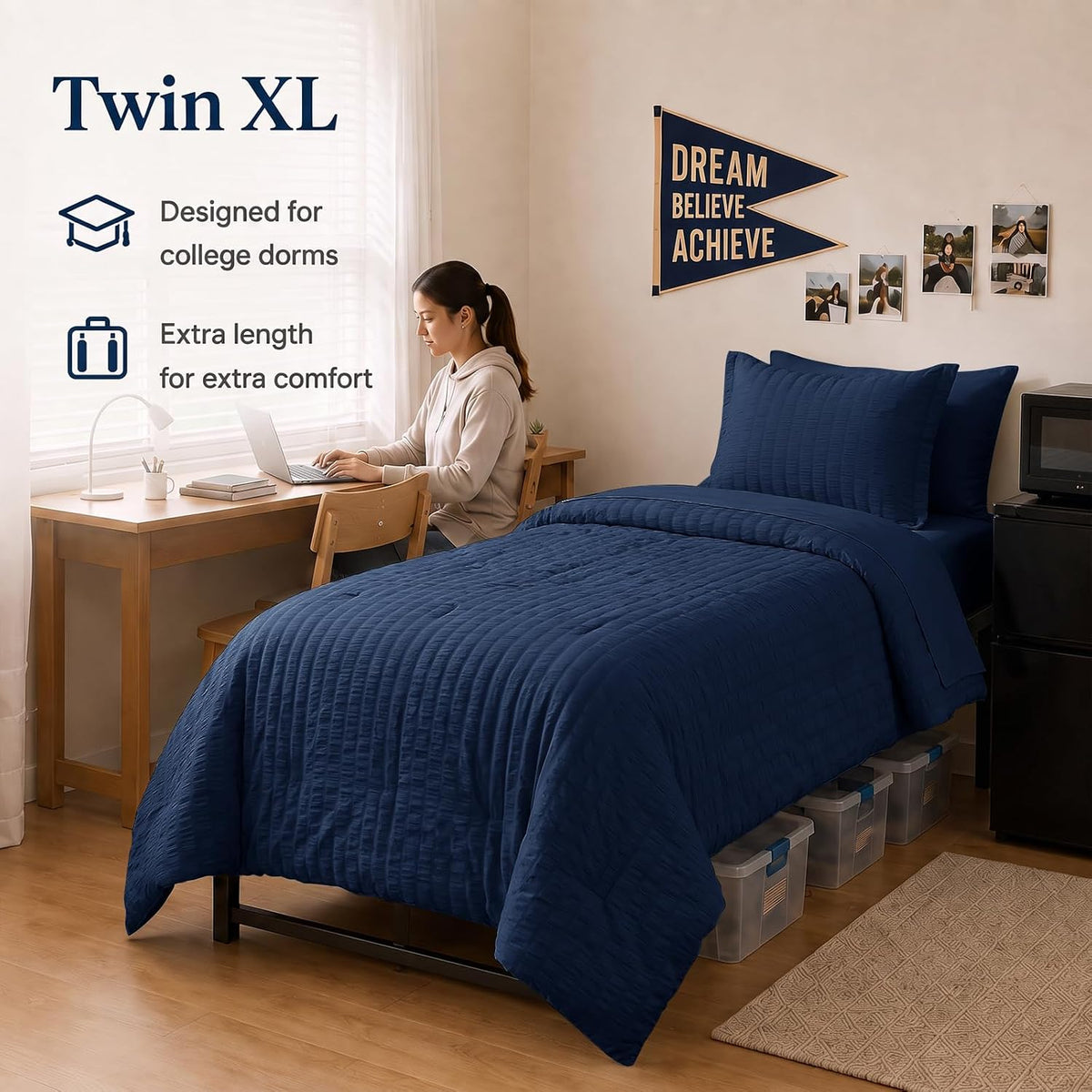 Twin XL Comforter Set, 5 Pieces Navy Blue Seersucker Bed in a Bag