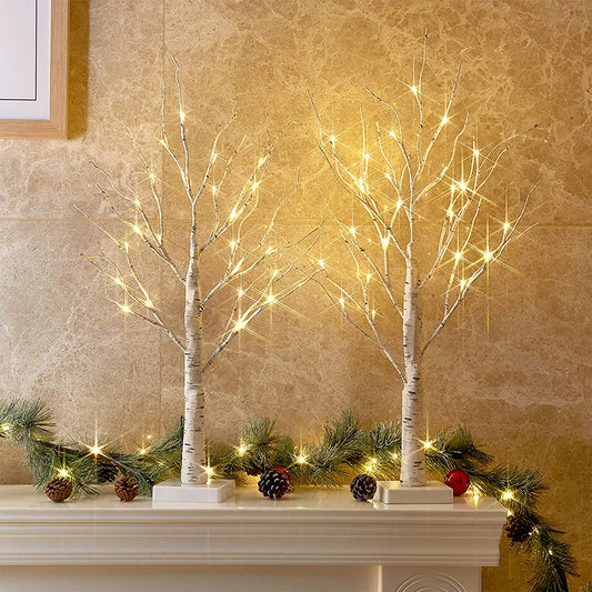 2FT Birch Tree for Table Decor, Warm White Light up Tree Lamp, Battery Powered, Timer (2PK)