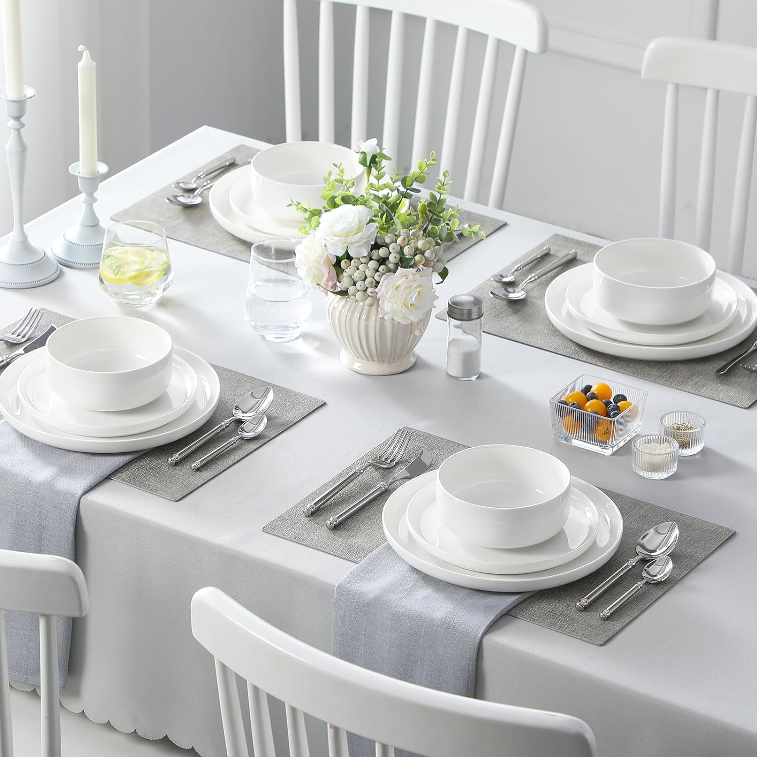 Plates and Bowls Sets, 12 Pieces Porcelain Dinnerware Sets White, Series LUNA