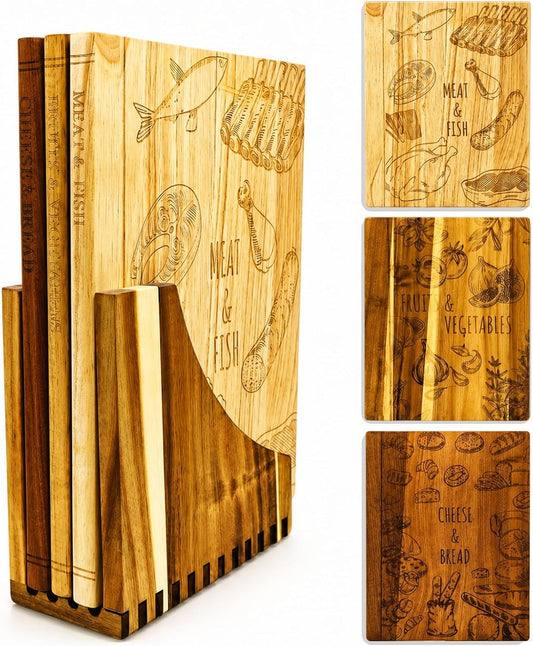 Wooden Book Cutting Board Set with Stand 3 Piece Wooden Cutting Boards Decorative Chopping Board Set for Kitchen