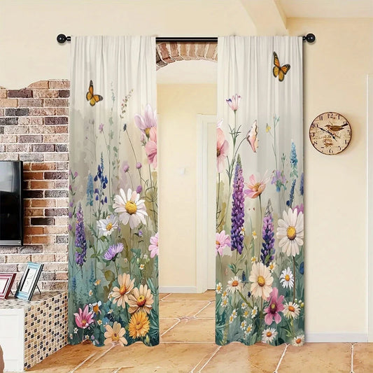 Spring Rustic Wildflower & Weed Light-Filtering Curtains, Home Decor,Set of 2 Panels