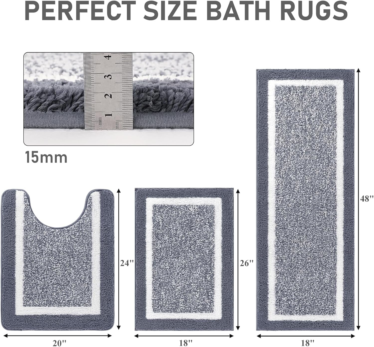 Bathroom Rug Mat Set, 3 Piece, Dark Grey