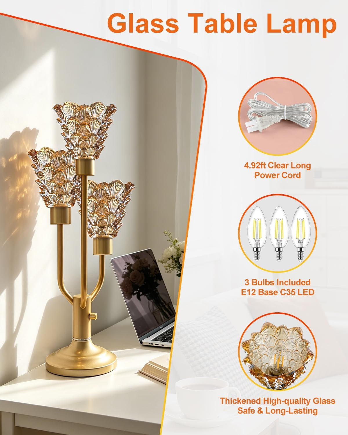  Modern Gold Glass Table Lamp Dimmable 3 Bulbs Included, Nightstand Lamp Vintage, with Amber Glass Warm white 