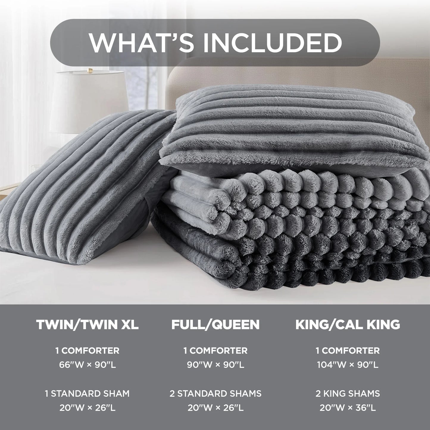 Full/Queen Size Comforter Set, Fluffy Ribbed Plush Comforter Set, 3-Piece Bedding Set, Grey Ombre