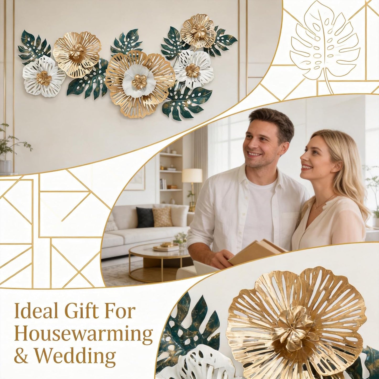 Large Modern Metal Wall Art, 3D Gold, White & Green Monstera Leaf Wall Sculpture, 43.3"L X 18.5"W