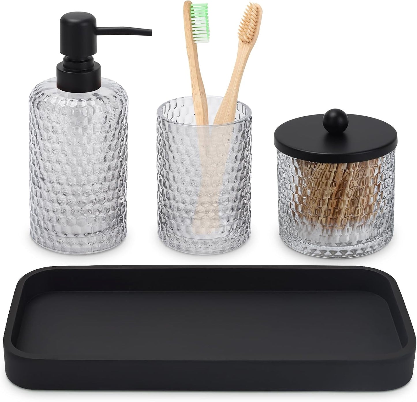 4 Pcs Clear Glass Bathroom Accessories Set & Resin Vanity Tray