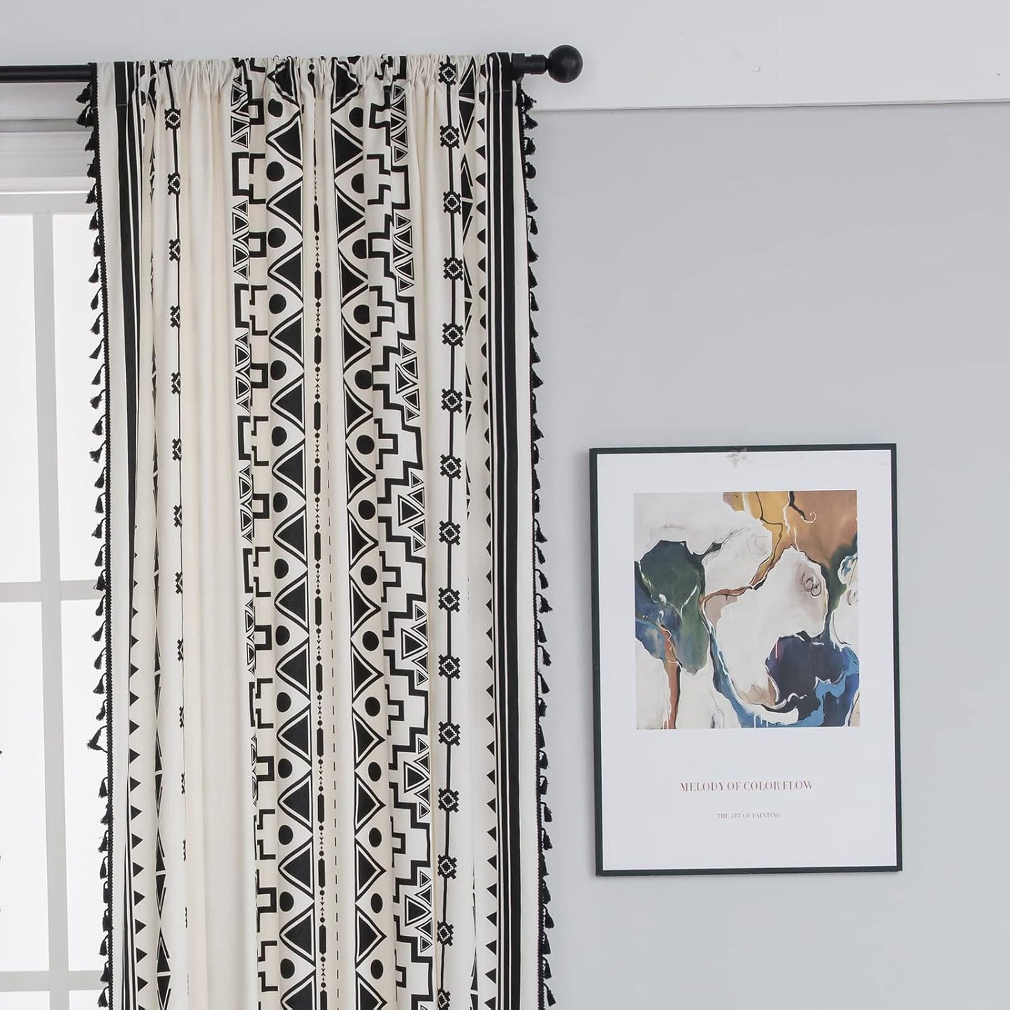 Black and White Boho Curtain 84 Inches Length for Bedroom, Printed Cotton Linen Geometric Rod Pocket Chic Semi Blackout Bohemian Tassels Window Treatment, 1 Panel 59" W X 84" L
