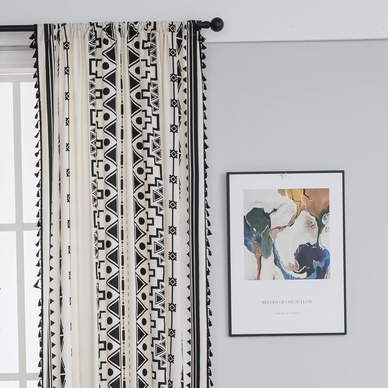 Black and White Boho Curtain 84 Inches Length for Bedroom, Printed Cotton Linen Geometric Rod Pocket Chic Semi Blackout Bohemian Tassels Window Treatment, 1 Panel 59" W X 84" L