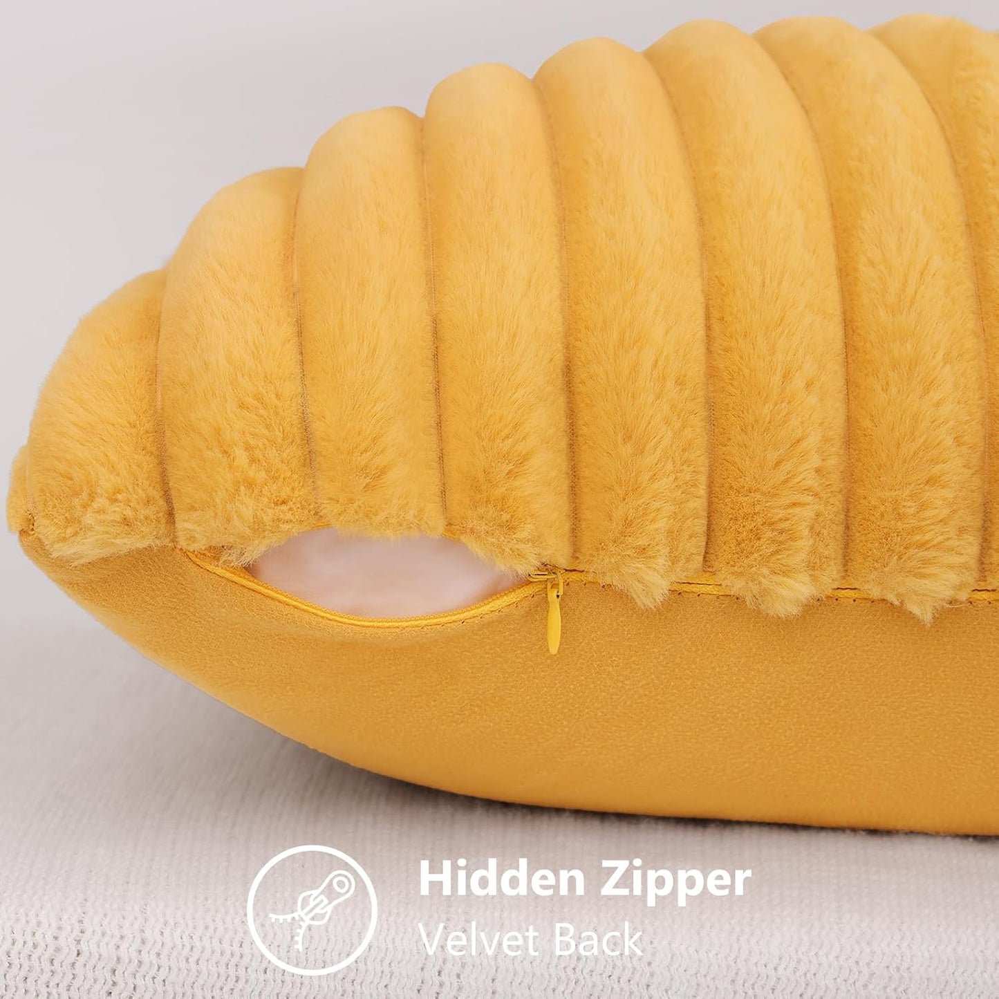 Faux Fur Throw Pillow Covers 18X18 Set of 2, Decorative Soft Plush Striped, Mustard Yellow