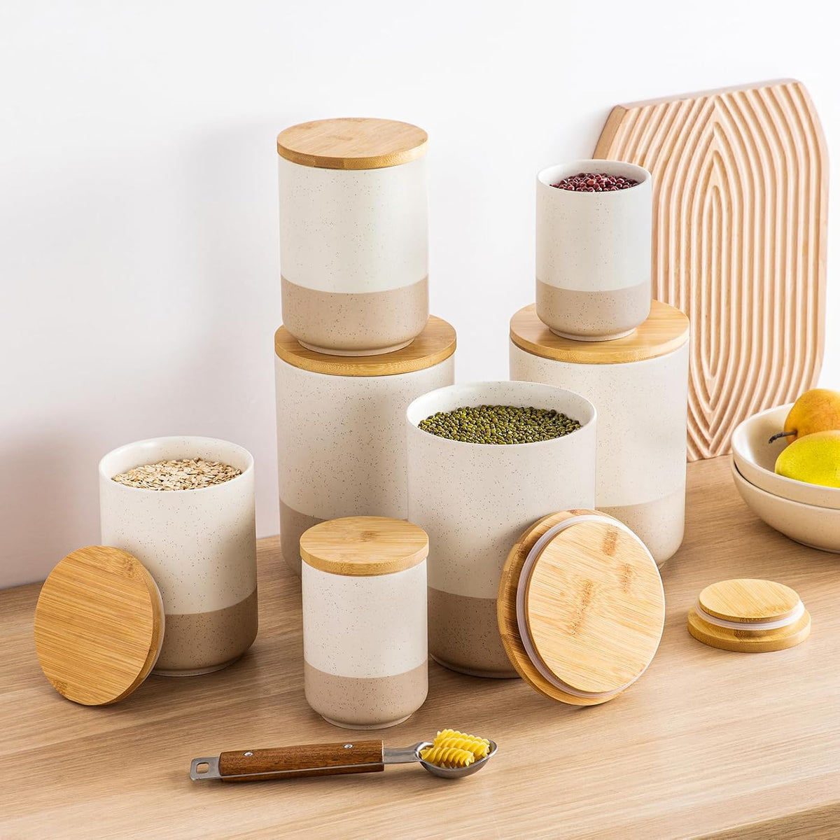 Sabine Kitchen Canister Set of 3, Ceramic Food Storage Containers with Airtight Wood Lids