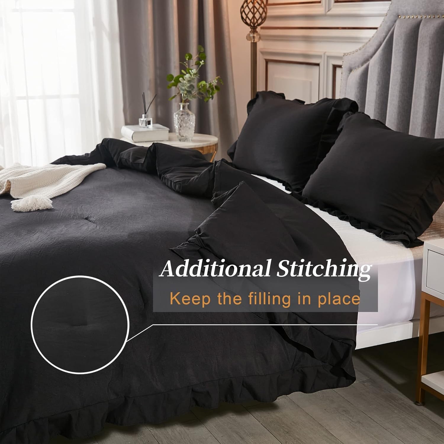 Black Full Size Comforter Set, 3 Pieces Ruffle Farmhouse Shabby Chic Bedding