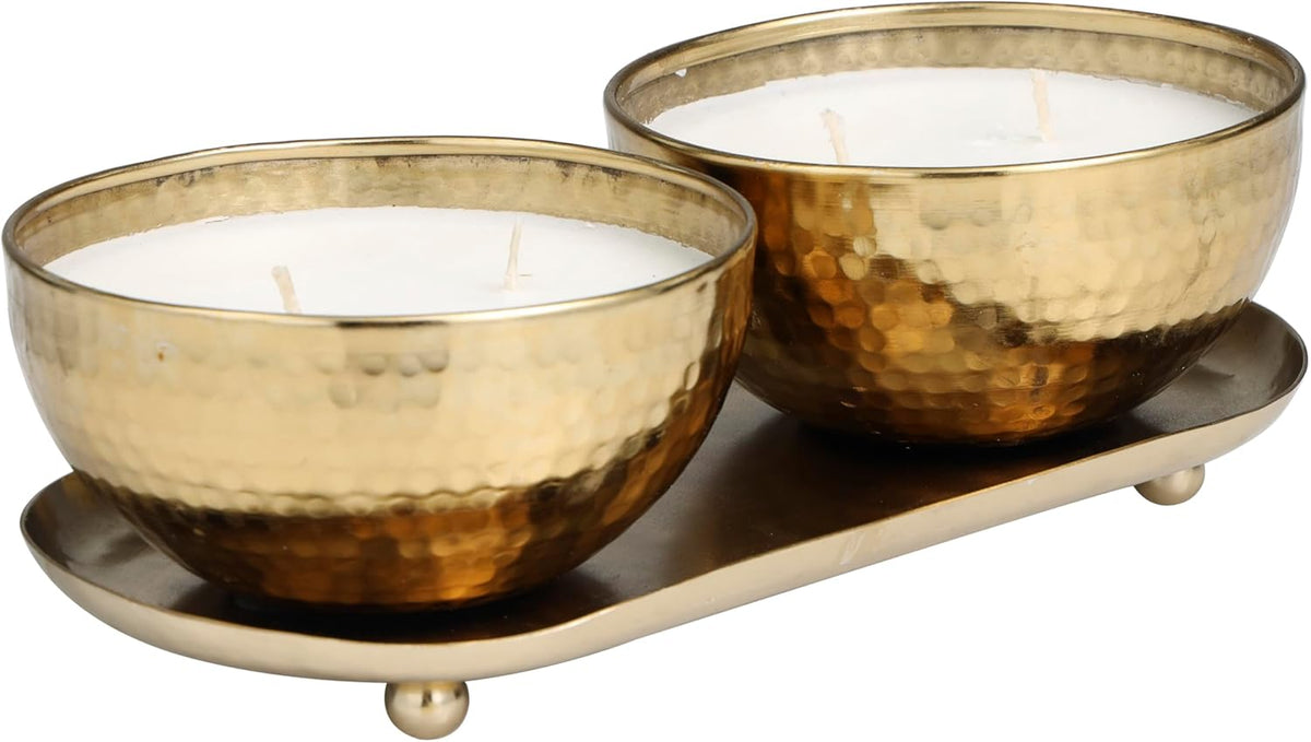 Deco 79 Metal Decorative Candle Egyptian Mint Scented Hammered 12 Oz 2 Wick Aromatherapy Candle with White Wax, Set of 2 Wax Aromatherapy Candle 10" W, 3" H, Gold