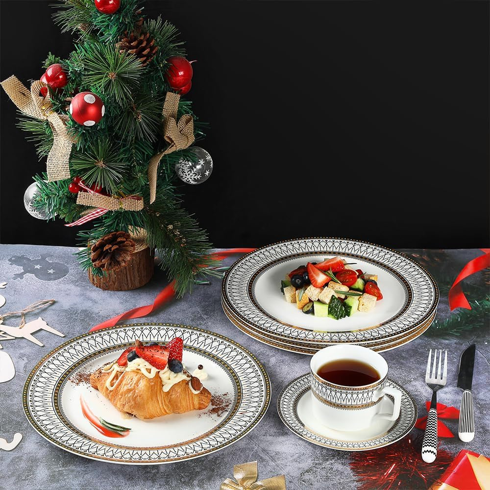 Golden Line Dinner Plates,10.5" Ceramic Plates Set of 4
