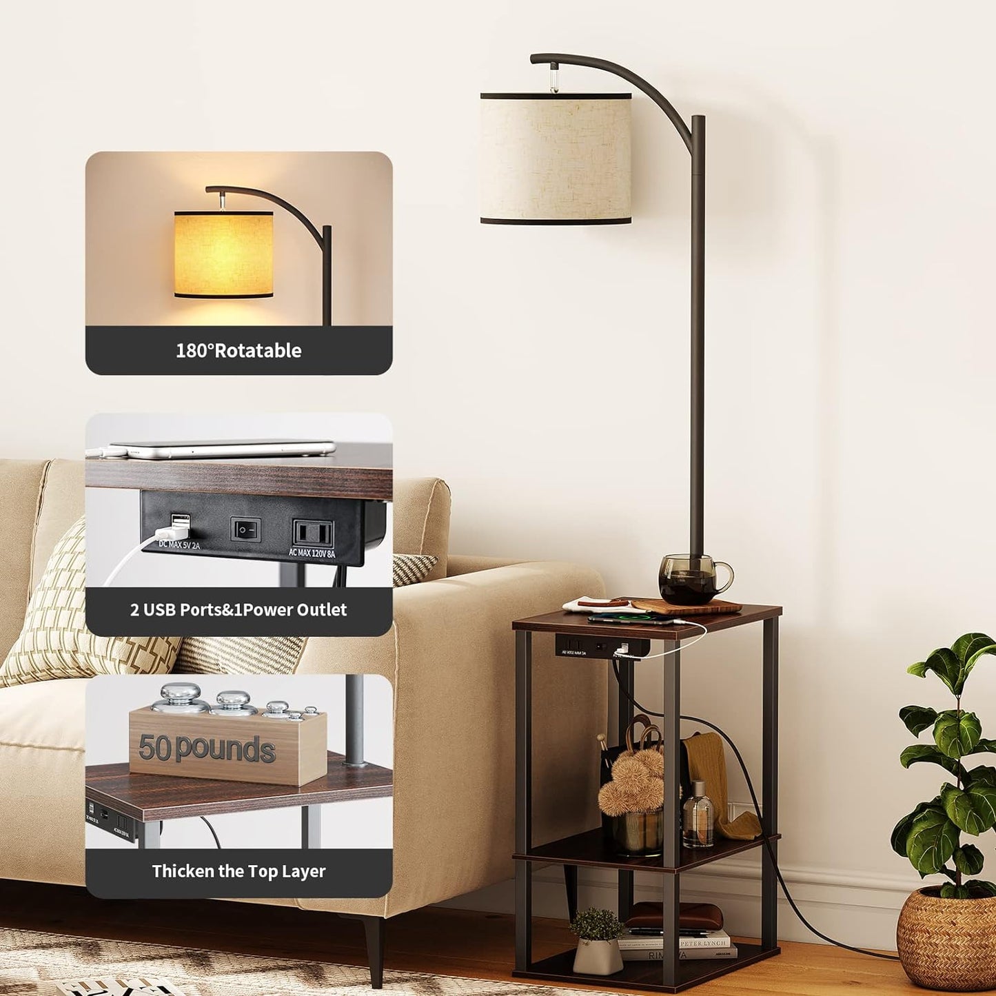 Rustic End Table Lamp with Shelves & 3-Color Temperature LED Bulb, Walnut