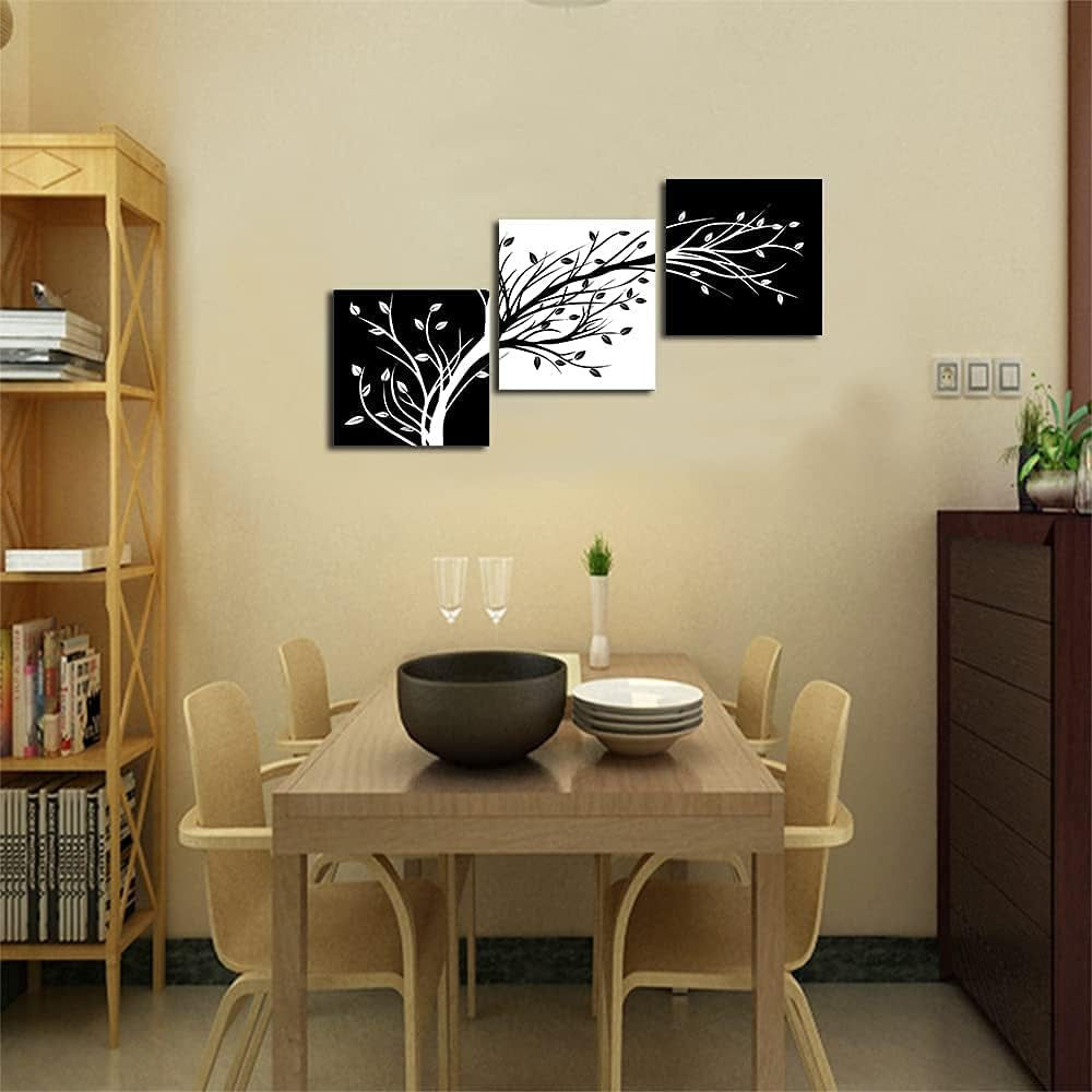 Leaves Modern 3 Panels Flowers Artwork Giclee Canvas Prints Black and White Abstract Floral Trees Pictures Paintings on Canvas Wall Art for Living Room Bedroom Home Decorations