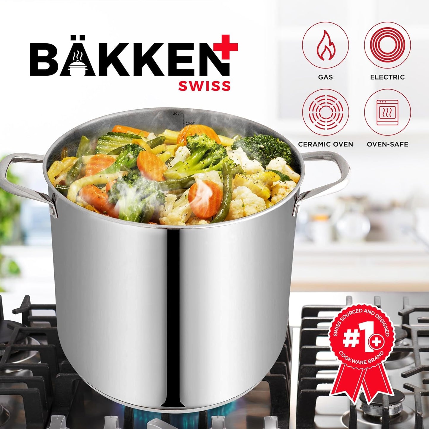 Bakken-Swiss Deluxe 20-Quart Stainless Steel Stockpot W/Tempered Glass See-Through Lid- Heavy-Duty & Food-Grade