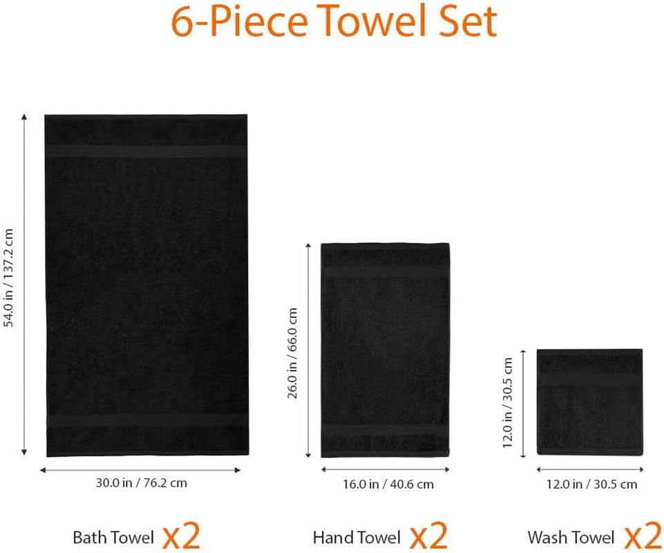 6 Piece Oversized Fade Resistant Towel Set, 100% Cotton Towels, Soft and Absorbent, Black
