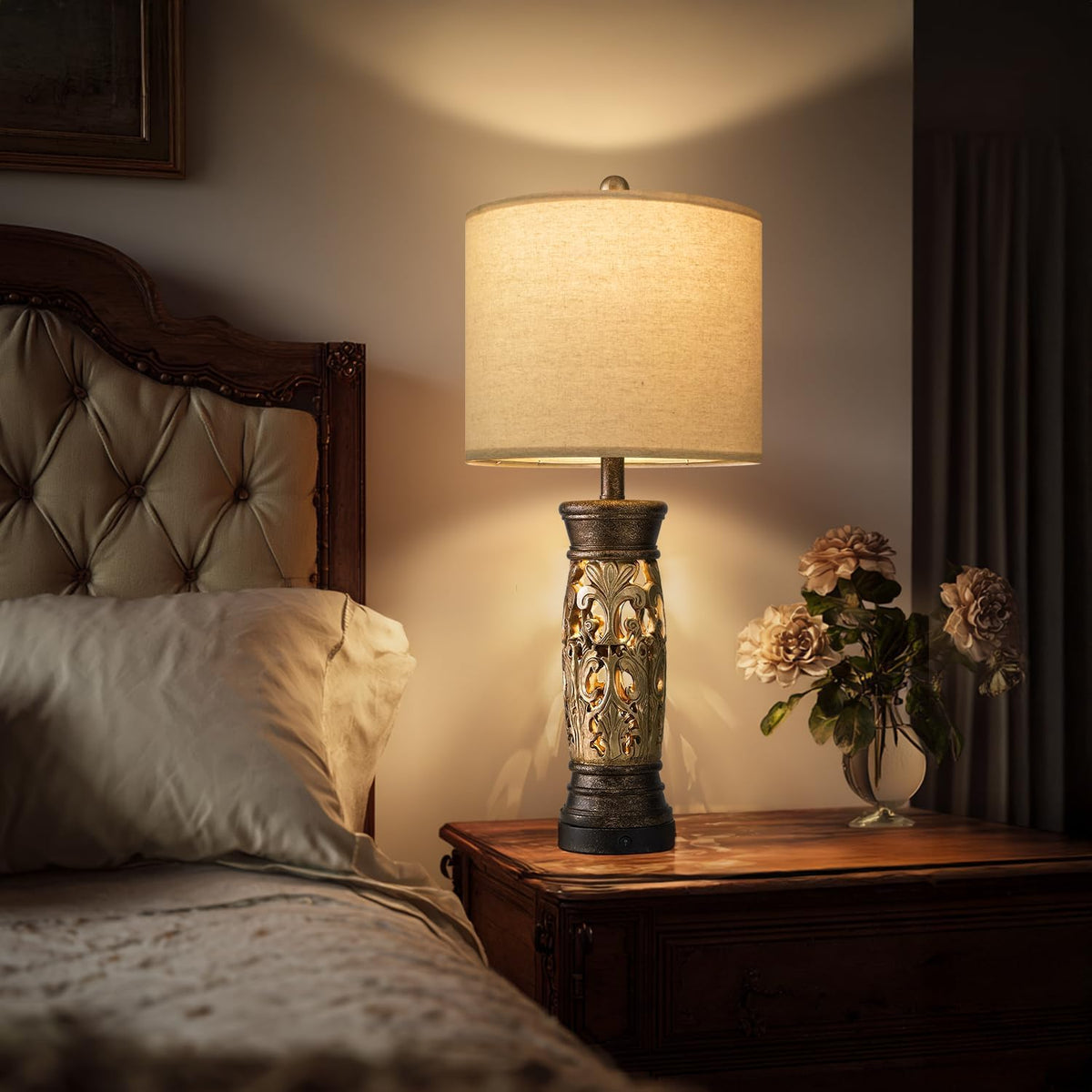 27.25” Antique Gold Table Lamps Set of 2 – Farmhouse Bedside Lamps with Night Light, Vintage Lamps (Bulbs Included)