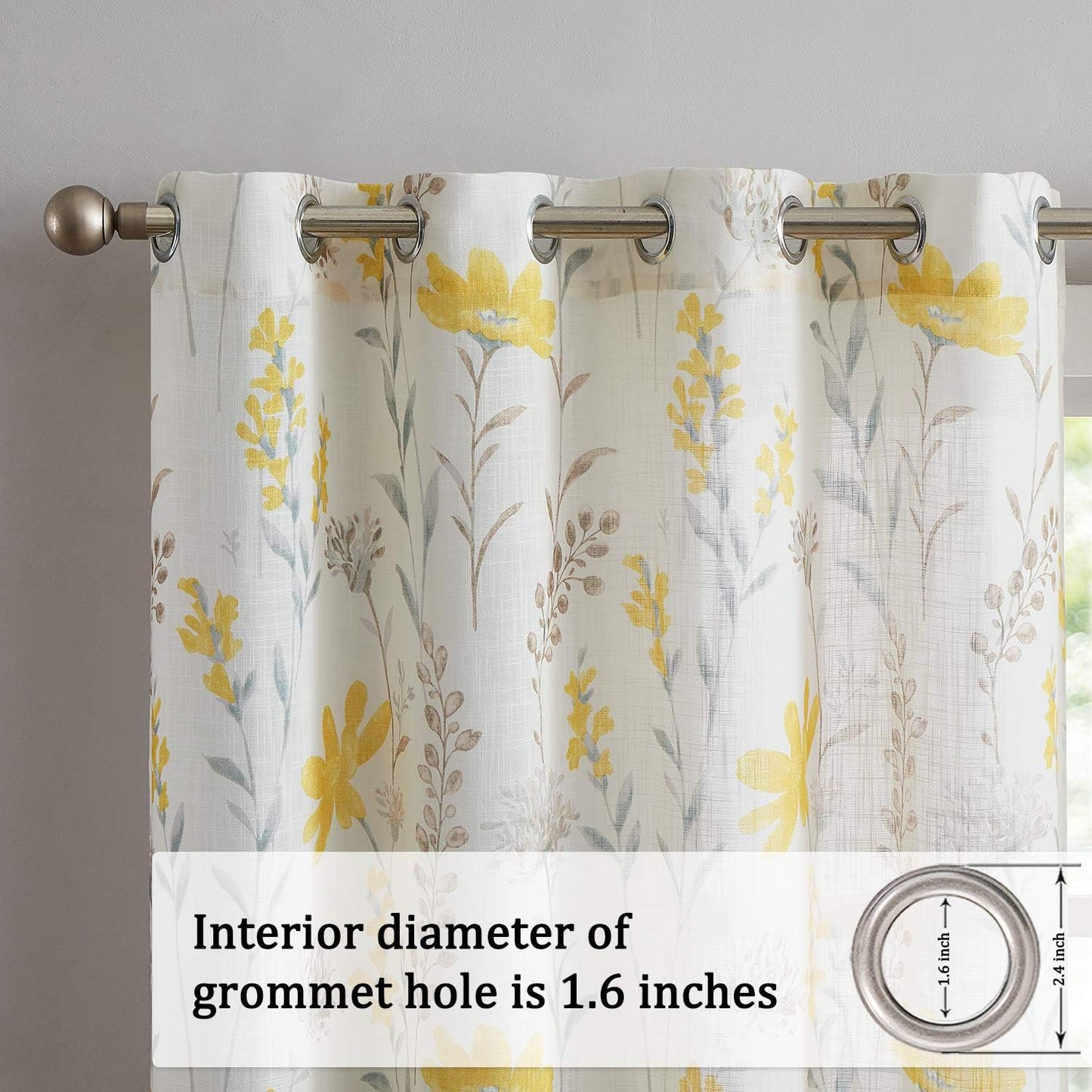 Printed Sheer Curtains Linen Textured for Living Room, Floral Leaf Design Farmhouse Style, 52 X 84 Inch, Yellow