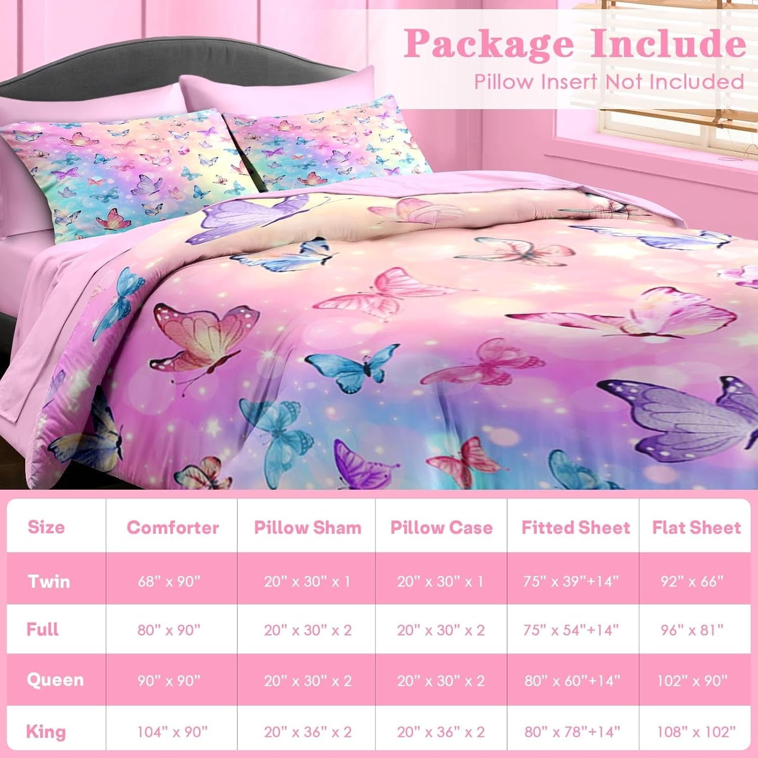 Comforter Set Twin Size, Pink Blue Butterfly 5 Pcs Bedding for Girls, Purple Colorful Rainbow Bed Sheet Sets with Fitted Sheet Pillowcase & Sham 