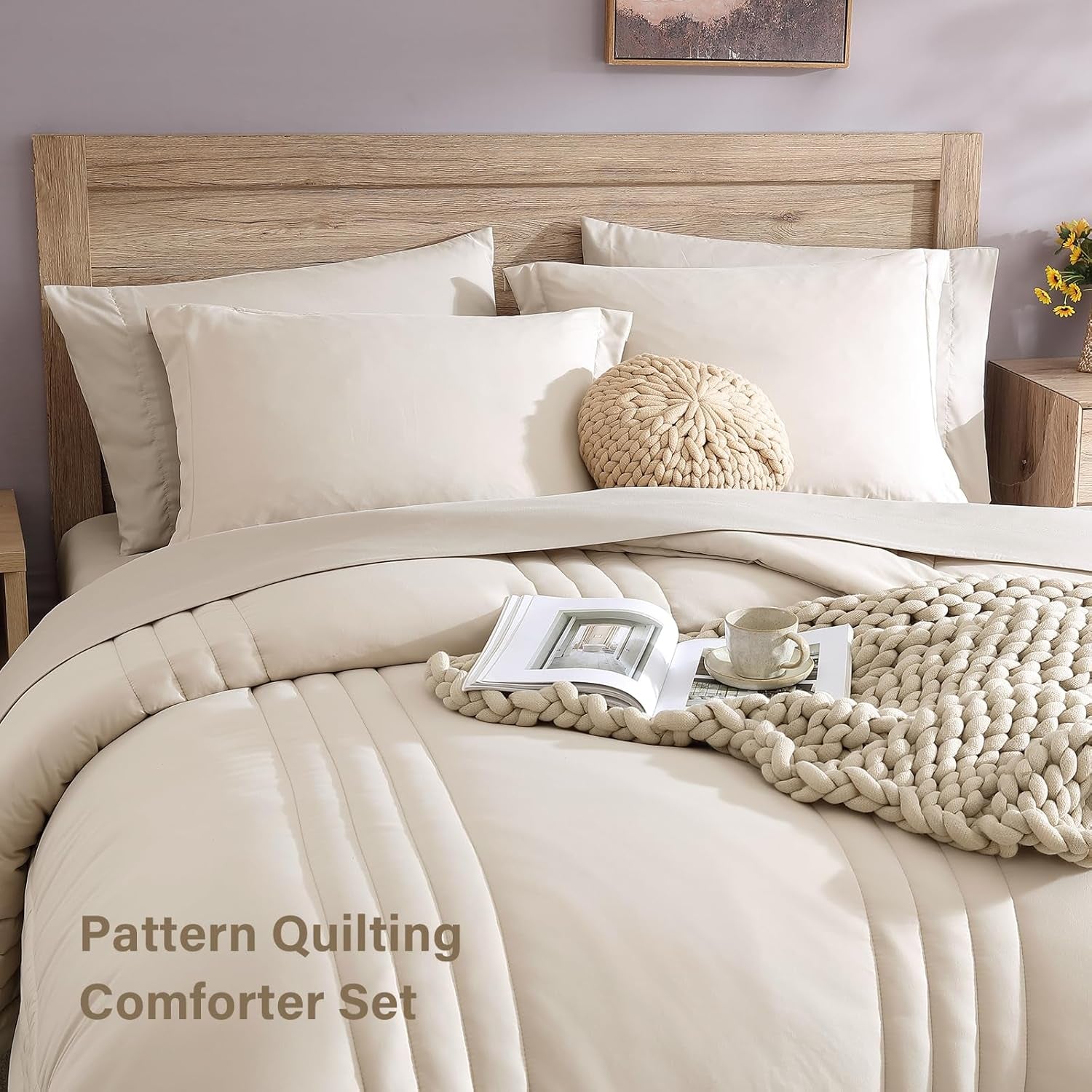 Queen Comforter Set-7 Pieces Beige Soft Bed in a Bag Queen Bedding Sets