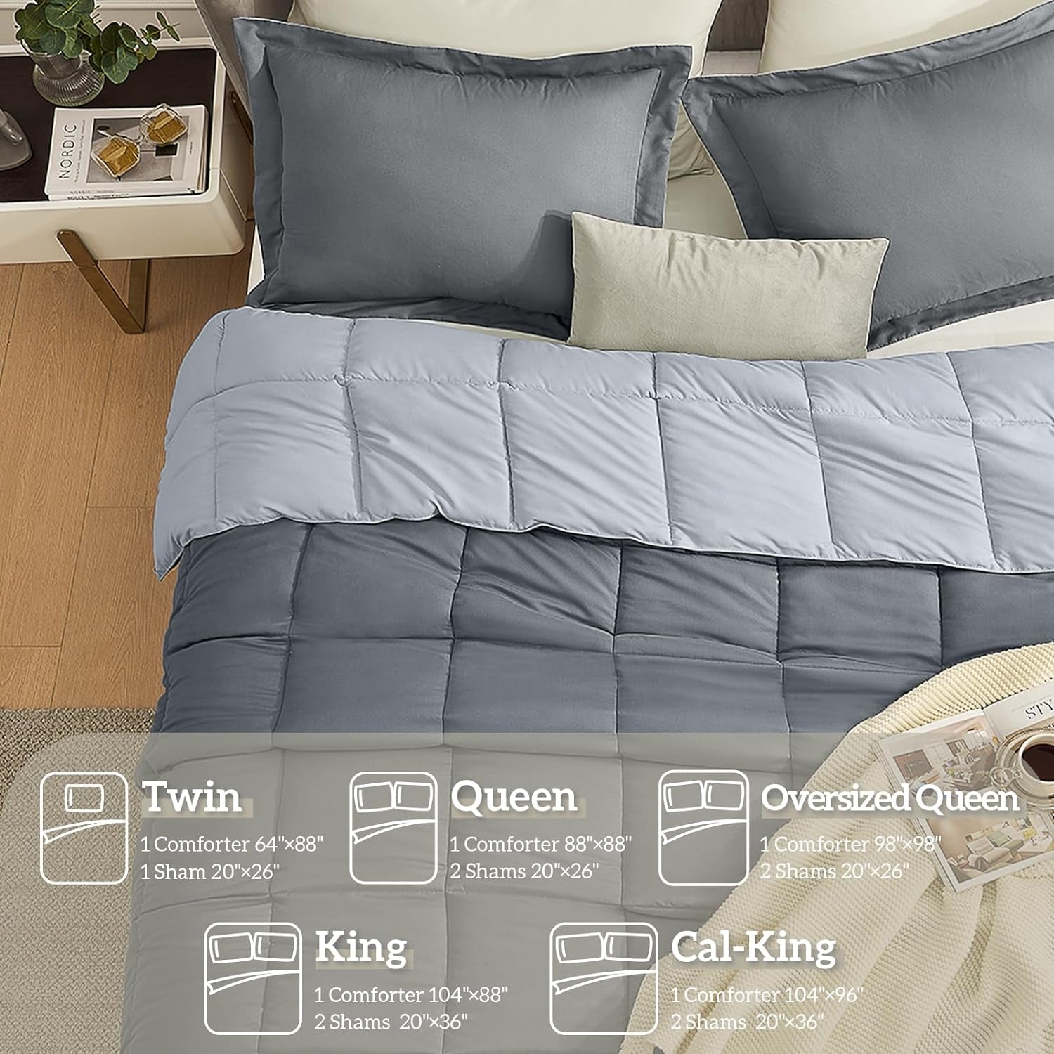 California King Comforter Set, Lightweight Reversible Dark Grey/Light Gray