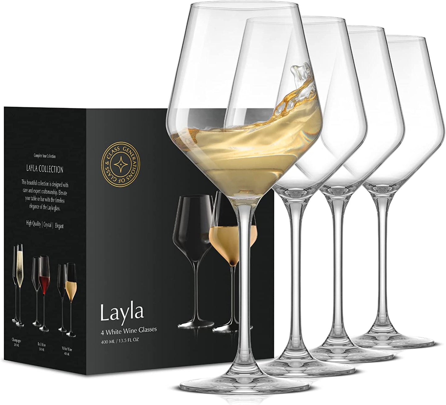 Layla White Wine Glasses, Set of 4 Italian Glasses, 13.5 Oz 