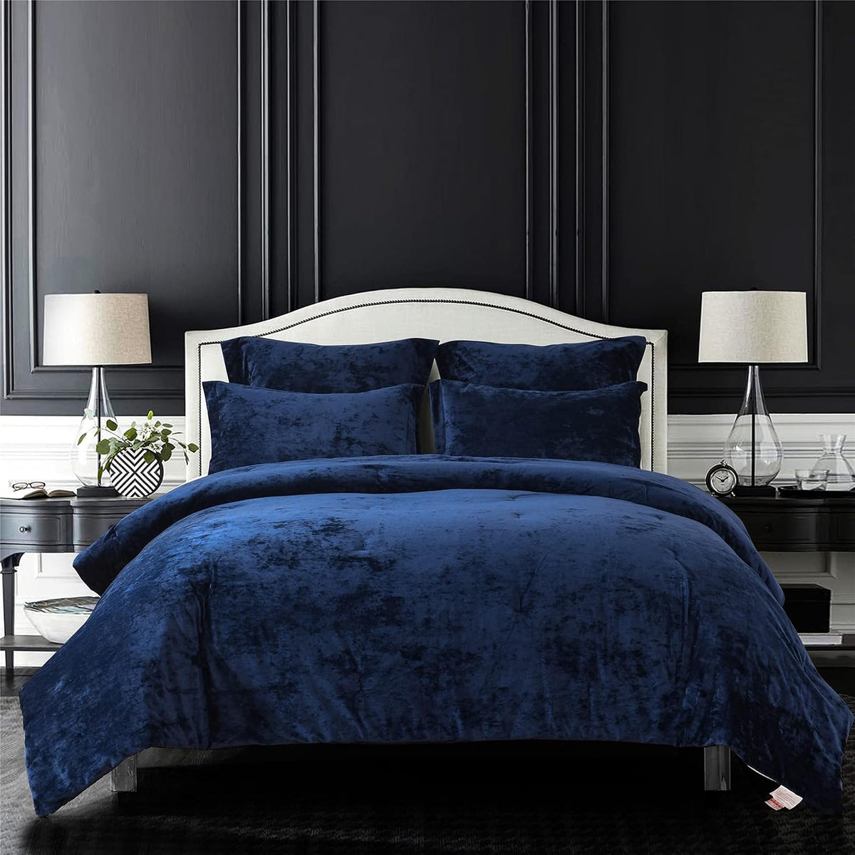 Distressed Velvet Comforter Set, Distressed Velvet Face and Brushed Solid Microfiber Reverse, with Light Weight Soft Poly Fill, 5 Pieces Navy, Queen