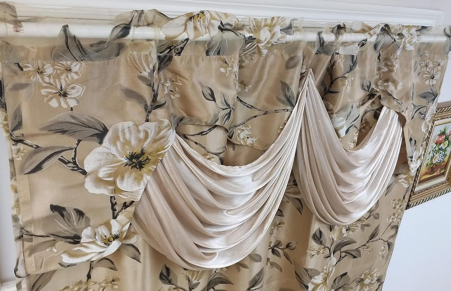 GOHD Roman Romance. Burnt-Out Printed Organza Window Curtain Panel Drape with Attached Fancy Valance and Taffeta Backing (Sand, 55 X 84 Inches + Attached Valance X 2Pcs)