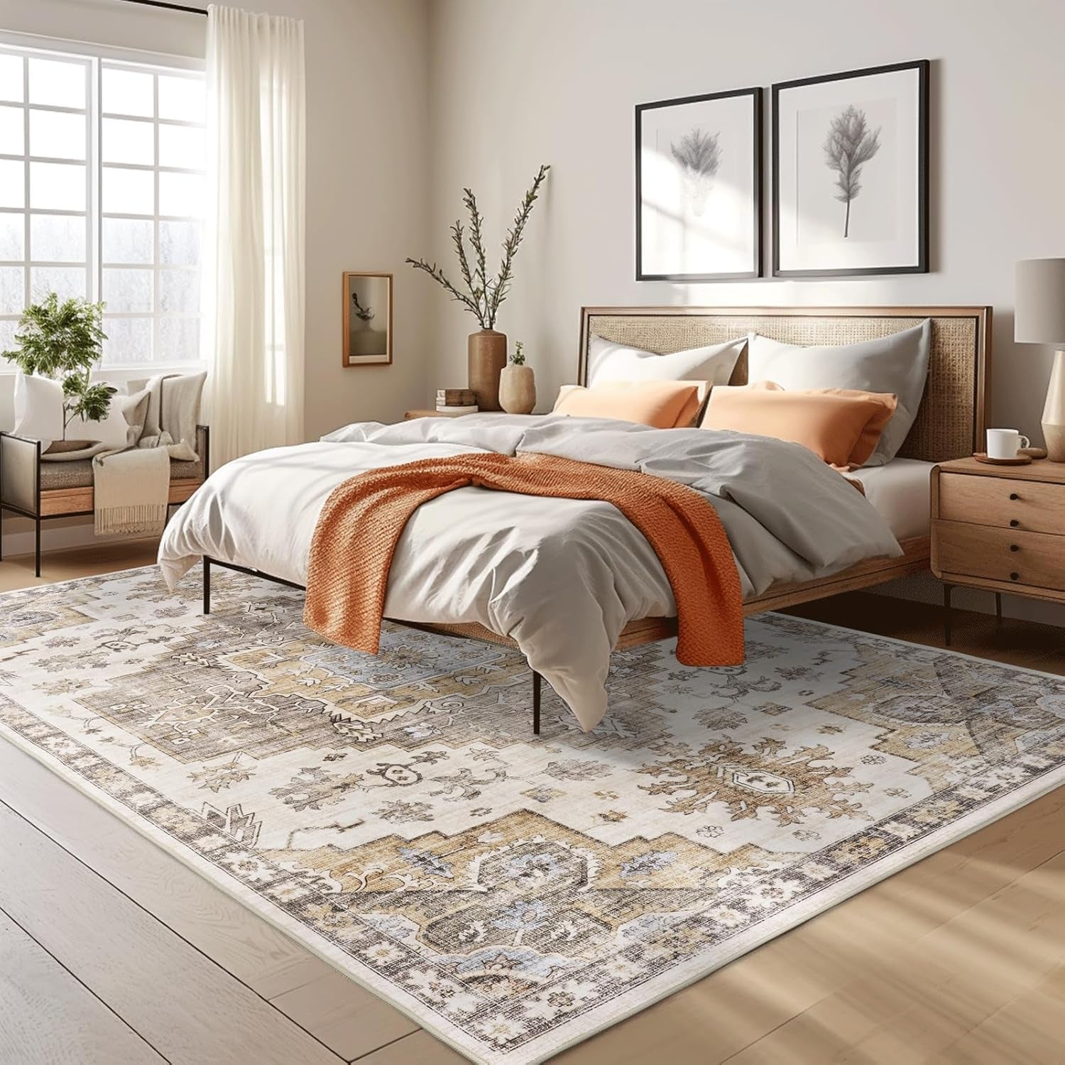 8X10 Area Rugs for Living Room, Stain Resistant Neutral Washable Rugs, Floral Vintage Non-Slip Thin (Brown)