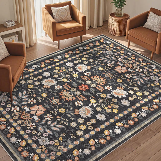 5X7 Area Rug Living Room Rugs - Washable Boho Vintage Floral Large Soft Non-Slip Thin Rug Low Pile Carpet- Black Grey