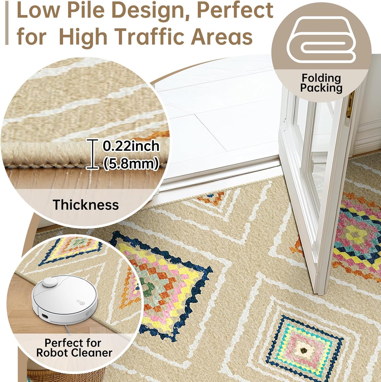 Area Rug 5X7 Rug Machine Washable Non-Slip Print Pattern Western Rug -Cream/Beige