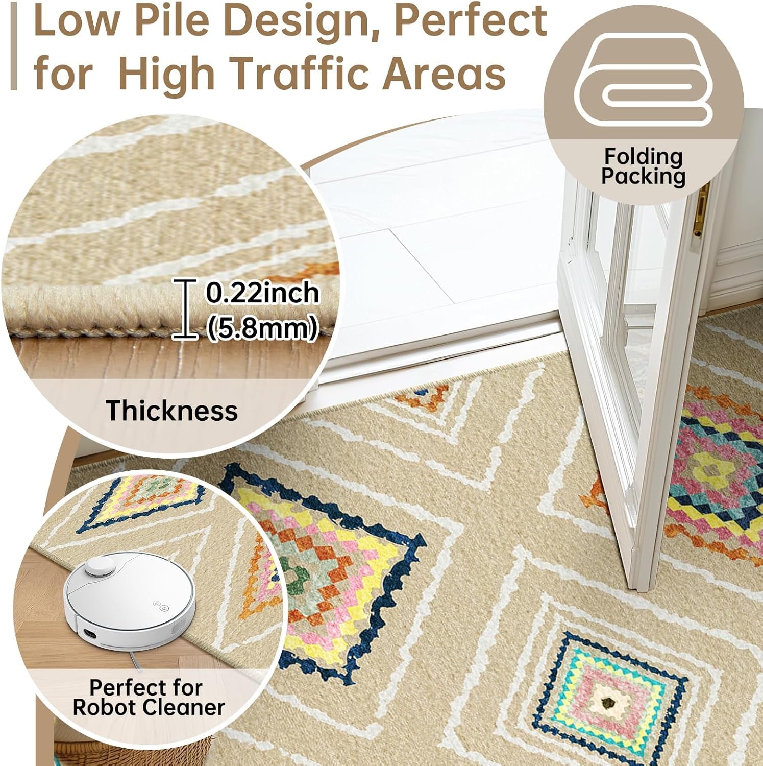 Area Rug 5X7 Rug Machine Washable Non-Slip Print Pattern Western Rug -Cream/Beige