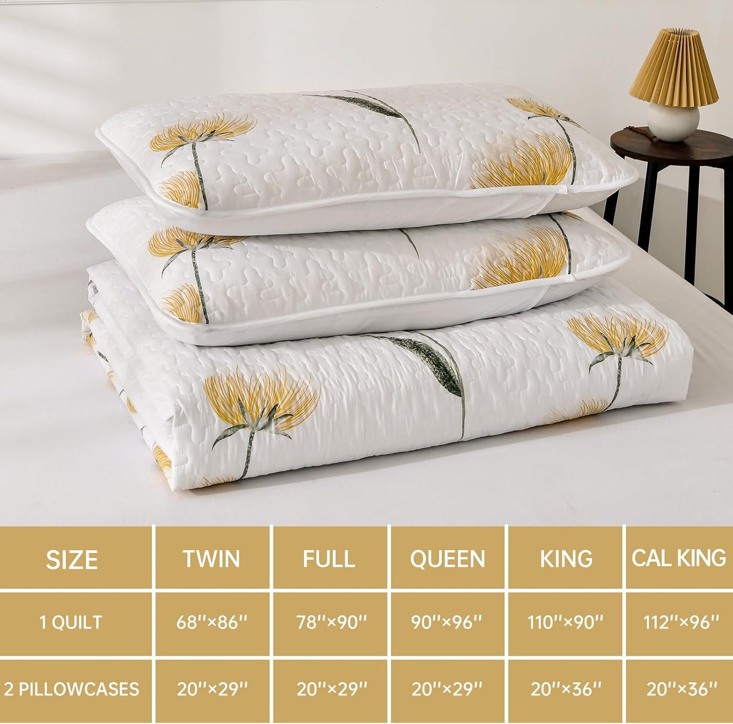 Floral Quilt Set California King Size, Yellow Flower Bedspread Farmhouse Fall Bedding Soft Lightweight Summer Quilts 3 Piece (Cal King,110"X96")