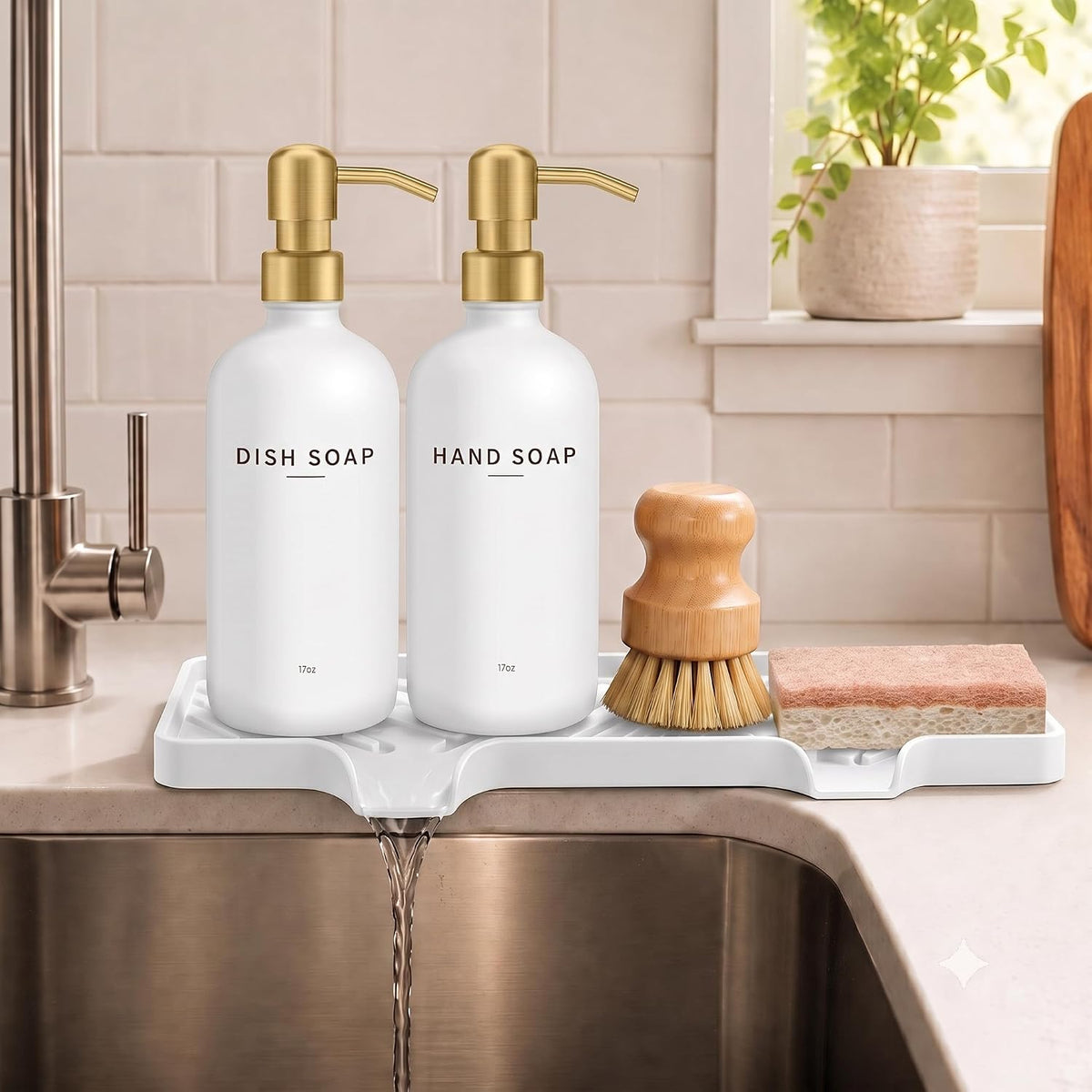 Kitchen Soap Dispenser with Self Draining Silicone Tray, Brush Sponge, Gold