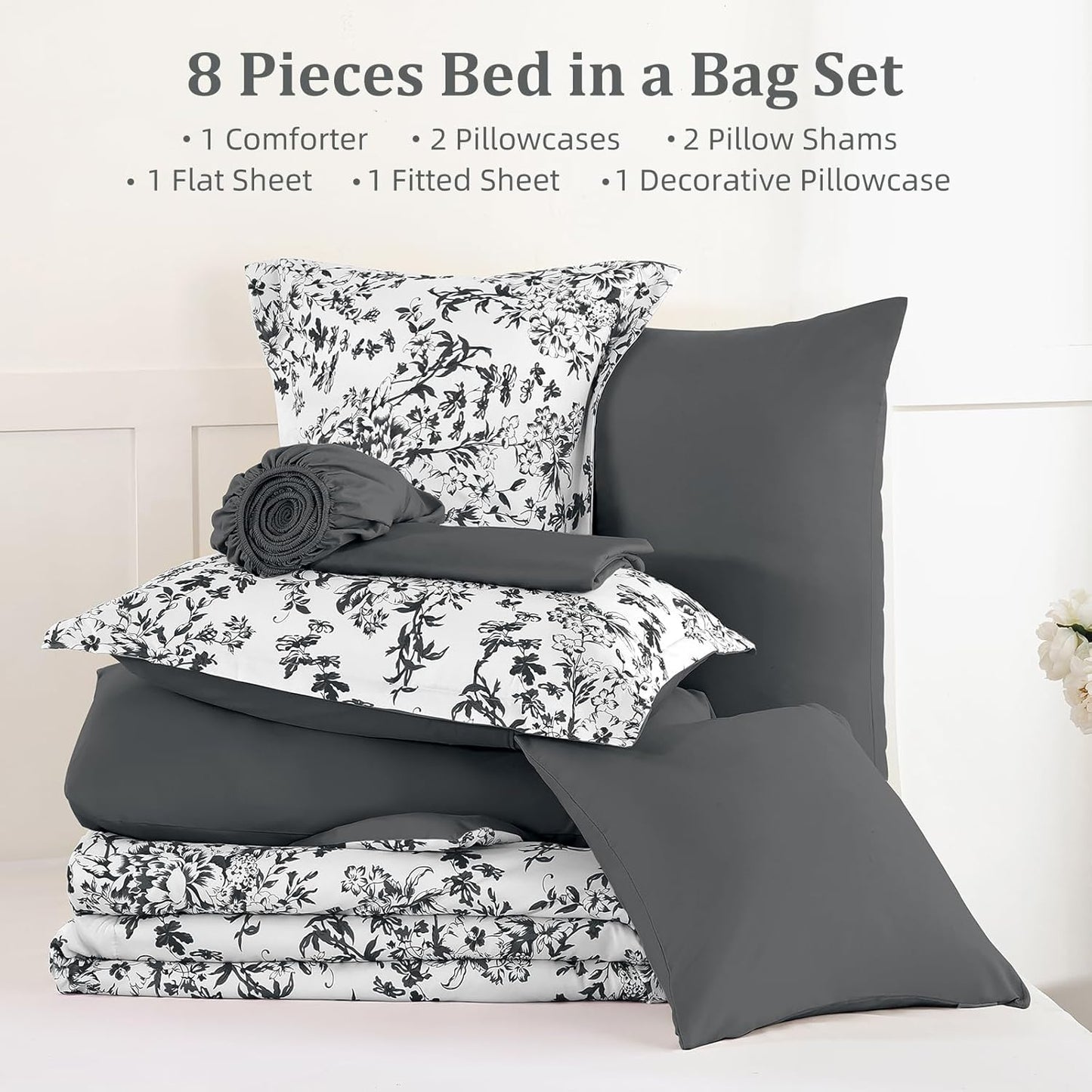 Comforter Set Queen, 8 Pieces Black Gray Floral Botanical Plants Print Comforter, for All Season (90"X90")
