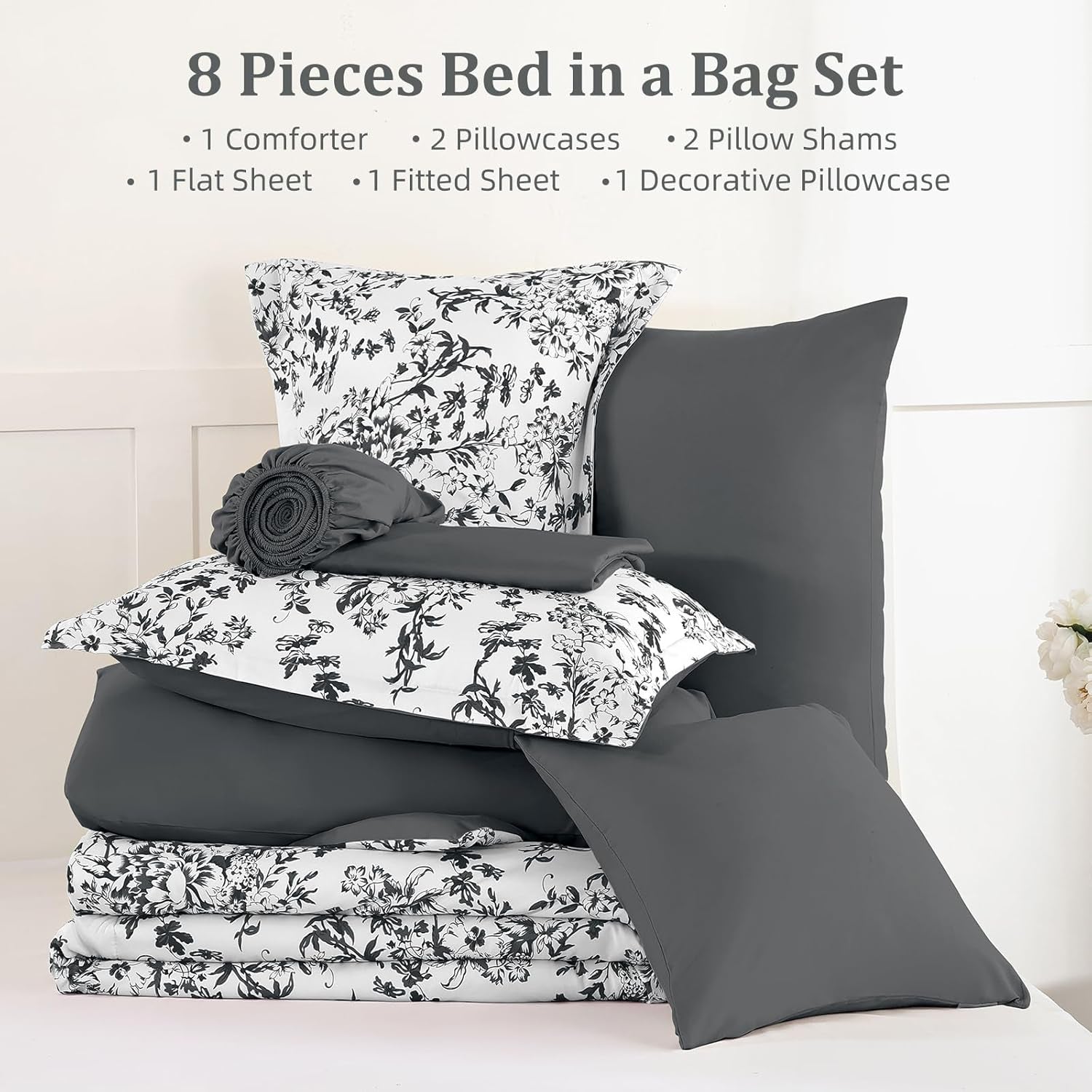 Comforter Set Queen, 8 Pieces Black Gray Floral Botanical Plants Print Comforter, for All Season (90"X90")