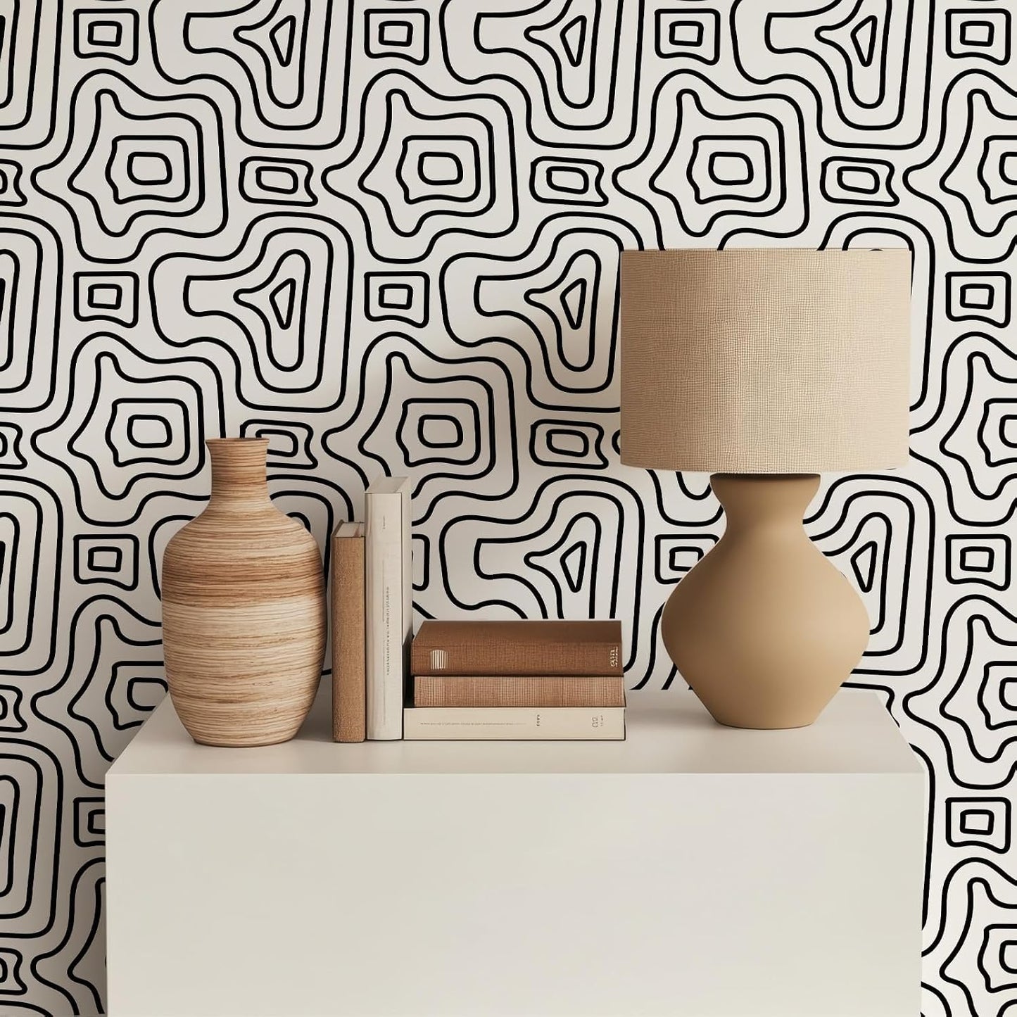 Modern Peel and Stick Wallpaper, Abstract Geometric Contour Line Pattern, 17.7 in X 6.56 Ft