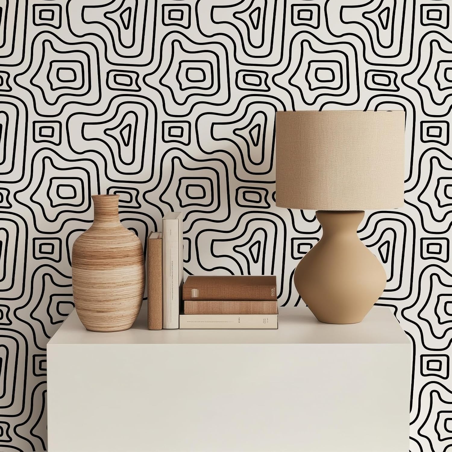 Modern Peel and Stick Wallpaper, Abstract Geometric Contour Line Pattern, 17.7 in X 6.56 Ft