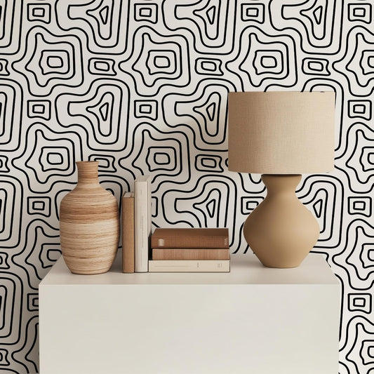 Modern Peel and Stick Wallpaper, Abstract Geometric Contour Line Pattern, 17.7 in X 6.56 Ft