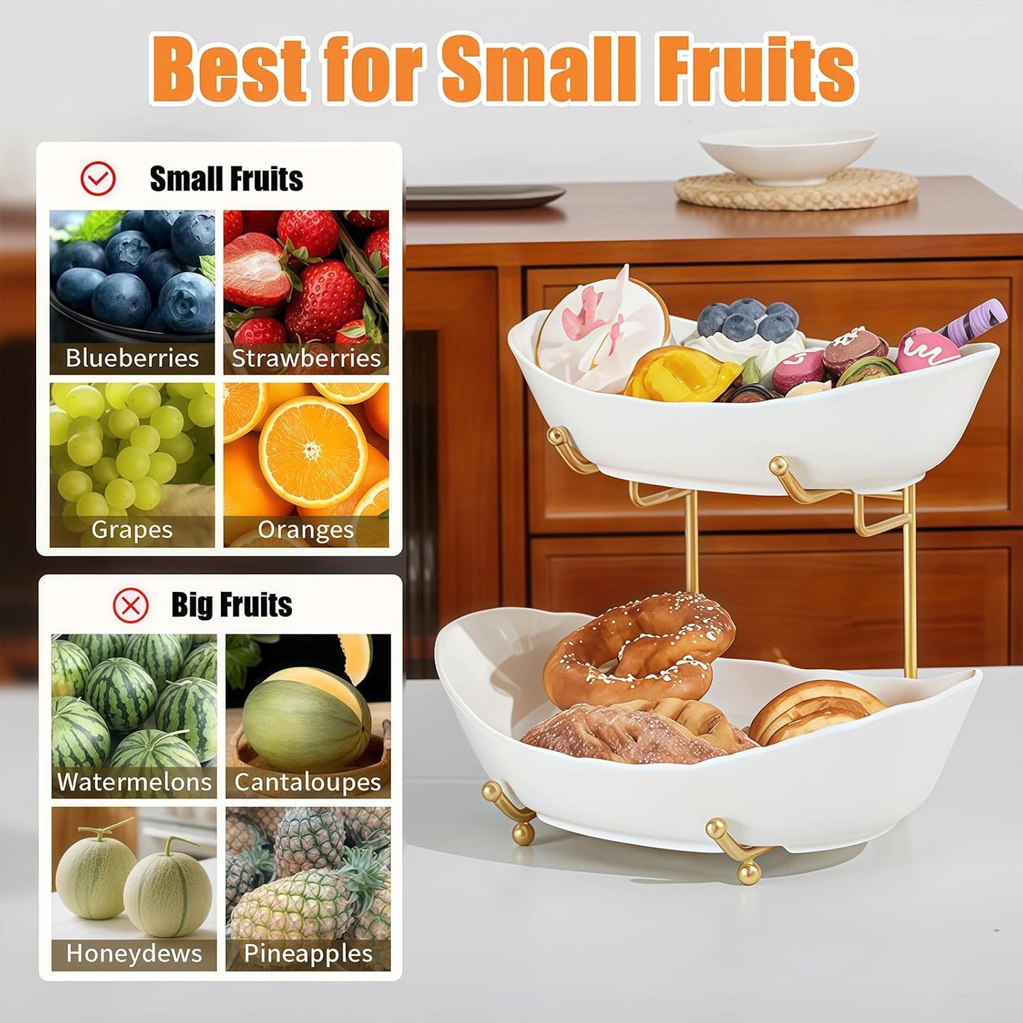 2 Tier Fruit Bowl, Ceramic Fruit Basket for Kitchen Counter with Metal Stand, Modern, Gold White, Large