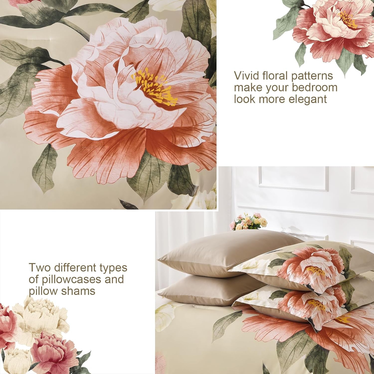 King Size Comforter Set 7 Piece Bed in a Bag, Pink Floral Printed on Khaki Comforter Set with Sheets, Set for All Season