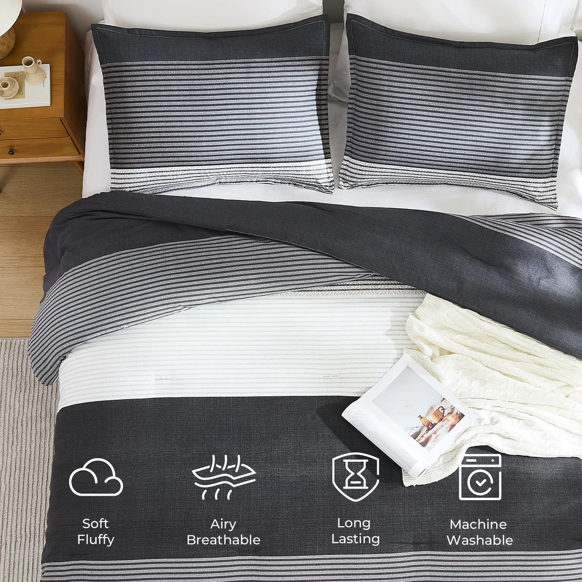 Queen Comforter Set Black - 3 Pieces Stripe Bedding Comforter Sets