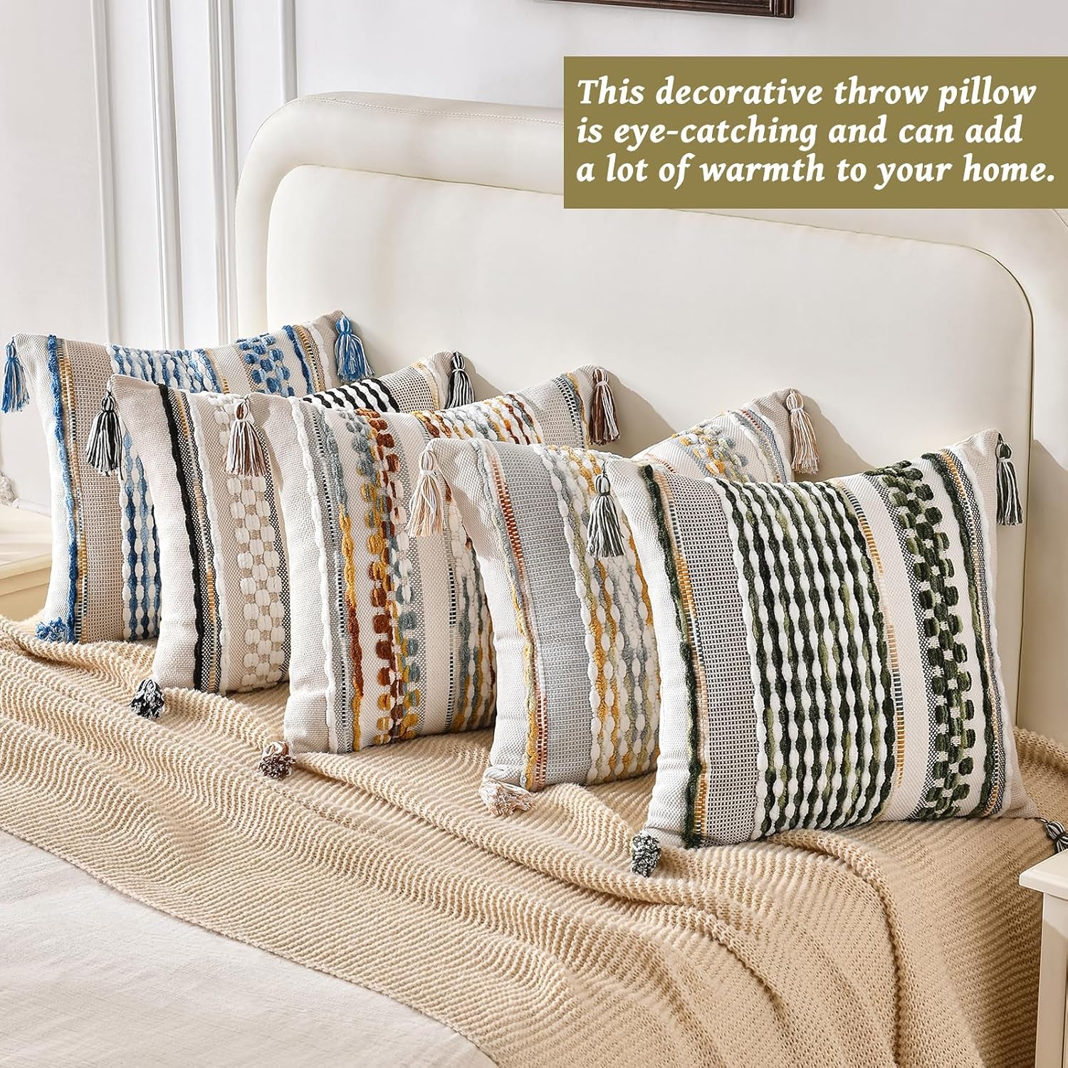 Chenille Striped Textured Boho Throw Pillow Covers 18 X 18-Inch Sage Green