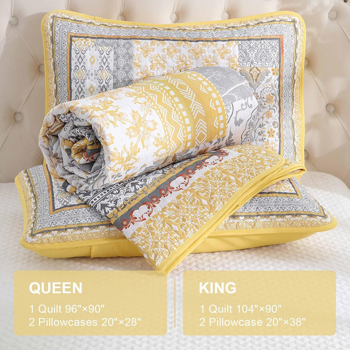 Boho Quilt Set Twin, 3 Pcs Yellow Patchwork Bedspread Set