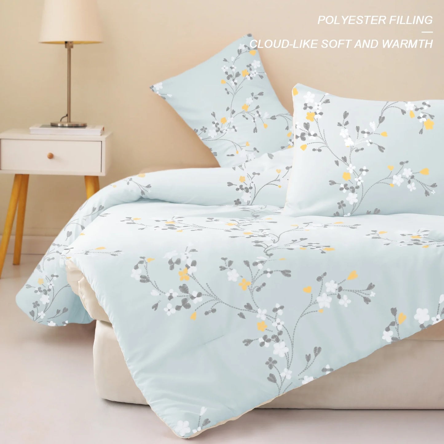 3-Piece Floral Queen Comforter Set, Microfiber Bedding down Alternative Comforter for All Seasons with 2 Pillow Shams, Light Blue