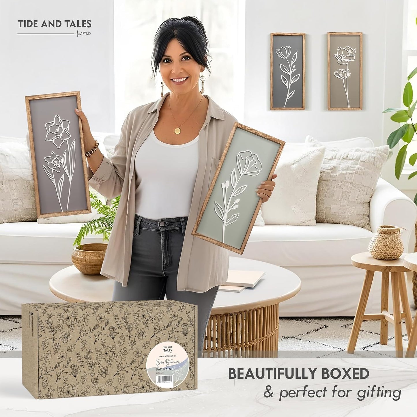 3D Wooden Floral Bathroom Wall Decor (Set of 4) Lightweight, Ready-To-Hang Framed Wall Art for Bedroom - Premium Boho Botanical Farmhouse Decorations