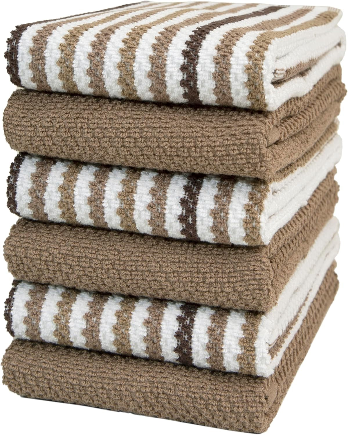 Premium Kitchen Towels (16”X 26”, 6 Pack) Large Cotton Kitchen Hand Towels, Popcorn Striped Design,Tan